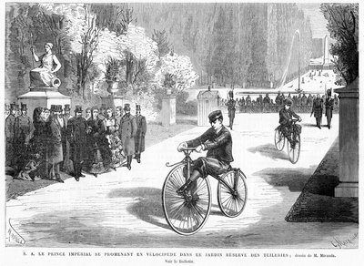 1869年、パリのチュイルリー庭園でミショーベロキペッドでサイクリングをする彼の両親、皇帝と皇后に見られた皇帝 作： French School