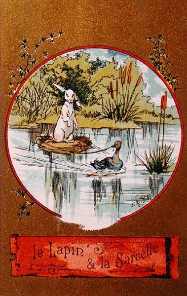 ウサギとティール、ジャンドラフォンテーヌの寓話を描いたイラスト入りカード（1621-95）c.1880 作： French School