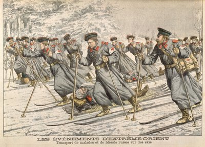 日露戦争（1904-05）中にスキーで負傷したロシア人を輸送している赤十字社、ルプチジャーナル、1904年頃 作： French School