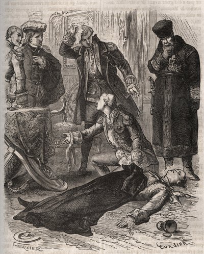 ロシア皇帝ピョートル3世（1728-1762）は、1762年7月17日、皇帝を倒して権力を握ったばかりの妻エカテリーナ2世の命令により、アレクセイ・オルロフ（1737-1808）とその護衛兵によって暗殺された。1871年の『Histoire De』に掲載されている図版 作： French School