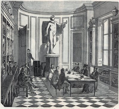 パリの医学部 - 楽器室での試験 - Edmond Texier 1852年の「Tableau-de-Paris」に掲載されたエングレーヴィング。 作： French School