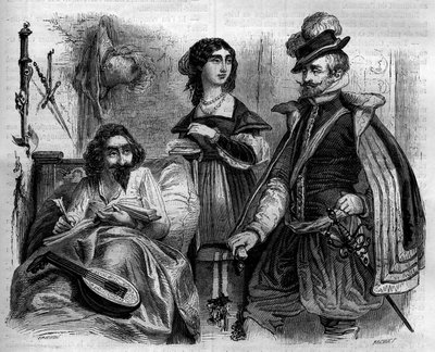 1614年、スペインの作家ミゲル・デ・セルバンテス・サアベドラ（1547-1616）が自宅で妻とレモス伯爵を囲んでいる様子。1852年に描かれた版画。 作： French School