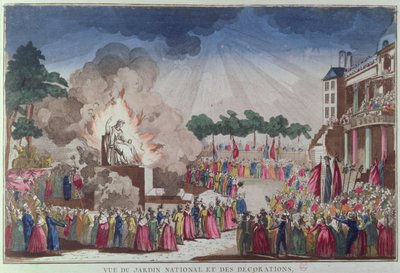 1794年7月8日、パリのジャルダン国立装飾の祭典、至高の存在の祝祭で無神論の像が破壊され、知恵の像に置き換えられる 作： French School