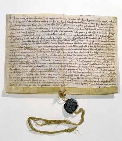 1215年8月に教皇法定代理人であるロバートドクルソン枢機卿によって作成および付与されたパリ大学の定款（ヴェラム＆ワックス） 作： French School