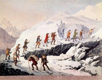 1787年8月、スイスの博物学者ホレス・ベネディクト（Horace-Benedict）・オブ・ソシュール（1740-1799）とフランスの山岳ガイド、ジャック・バルマット（Jacques Balmat）が、モンブランの第2回目の登頂に成功した。 作： French School
