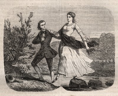 スイスの哲学者Jean Jacques (Jean-Jacques) Rousseau (1712-1778)は、Mademoiselle Galleyが小川を渡るのを助けた。Henry de Kock（1819-1892）の "Histoire Des Cocus Celebres "に掲載されている1871年のエングレーヴィング。 作： French School