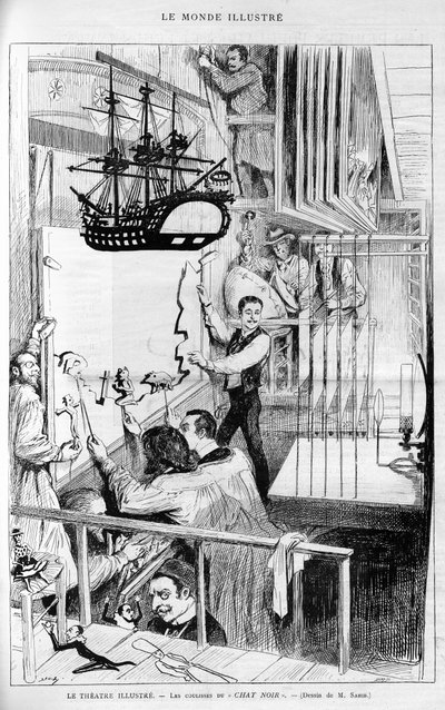 劇場の図解：「シャット・ノワール」の舞台裏。Le monde illustrious", "1888 "に掲載されたエングレーヴィング。 作： French School