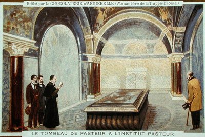 パリのパスツール研究所にあるルイ・パスツール(1822-95)の墓、ショコラトリー・ディグエベルの広告カード(クロモリ写真) 作： French School