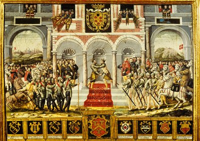 1559年4月2日〜3日、フランスのカトー・カンブレシス条約とアンリ2世（1519-59）とスペインのフィリップ2世（1527-98）の抱擁 作： French School