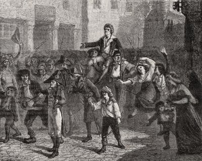 1793年4月24日、ルイブラン作「革命フランセワーズの歴史」からのマラットの勝利 作： French School