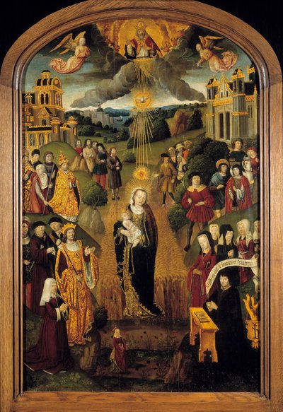 小麦を抱いた聖母 王ルイ12世（1462-1515）と教皇アレクサンダー6世（1431-1503）がいる。地球儀を持った全能の神がこの場面を祝福し、聖霊が聖母子を守っています。16世紀のフランス派の木版画 作： French School