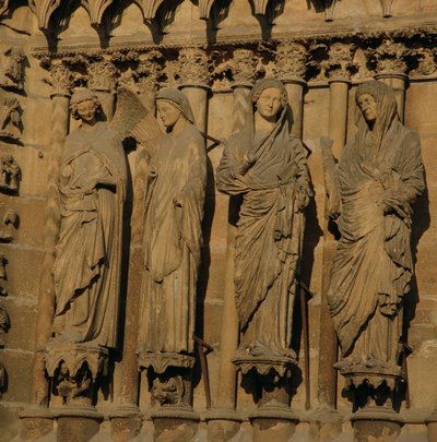 訪問、大聖堂の西側ファサードからの4つの側面図、c.1230-40（石灰岩）（62274を参照） 作： French School