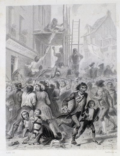 小麦粉戦争：1775年5月、パン屋前での暴動（フランス革命の最初の果実） 作： French School