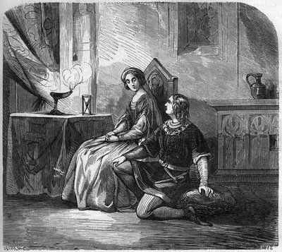 カスティーリャの白の女王（1188-1252）とナバラの詩人兼王ティボー4世シャンパーニュ（1201-1253）（ナバラのティボー1世とも呼ばれる）。古代から世界のあらゆる民族における売春と放蕩の歴史」に掲載されているエングレービング 作： French School