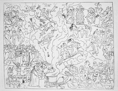 魔女の安息日、1916年代後半に出版された魔術の歴史で使用された、ピエールドランクレ、パリ1612のタブロードリンコンスタンスデモーヴァイアンジュからのイラストのコピー 作： French School