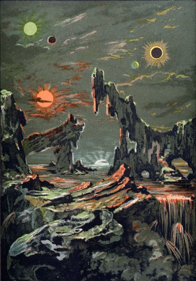 カミーユフラマリオン（1842-1925）1881によって書かれたLAstronomie Populaireのイラスト、4つの月と4つの太陽の世界 作： French School