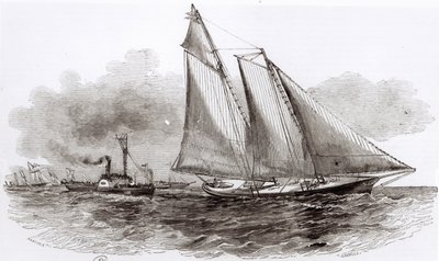 1851年のLe Monde Illustreによる、1851年のカウズレガッタで主導権を握るヨットアメリカ 作： French School