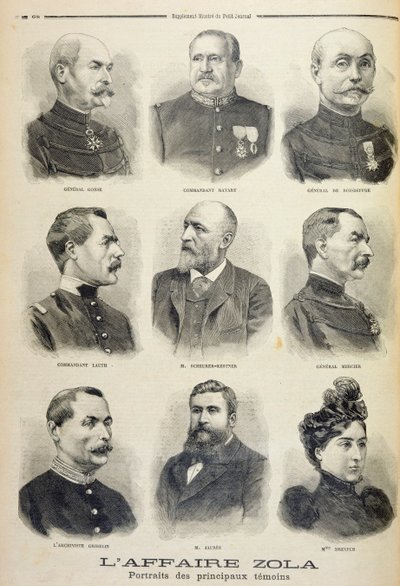 ゾラ事件：主な目撃者の肖像画、ルプチジャーナルのイラスト入りサプリメントからのイラスト、1898年2月27日（リソ） 作： French School