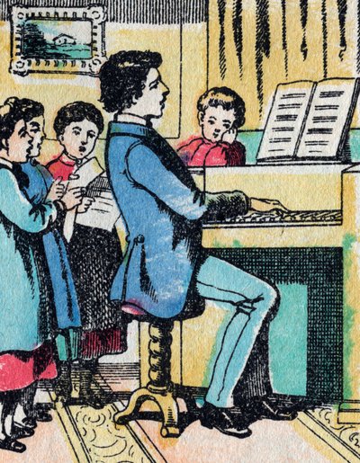 良家の娘たちの活動：音楽の学習 - エピナルの絵 - 19世紀（彫刻 作： French School