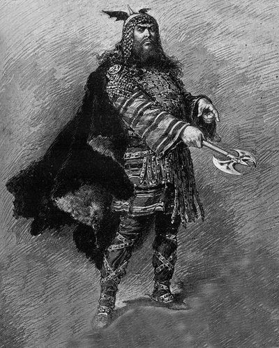 1880年にオデオン座で上演されたボルニエ子爵エティエンヌ・シャルル・アンリ（1825-1901）作の4幕・詩劇「アッティラ」を演じる俳優デュメイン。 作： French School