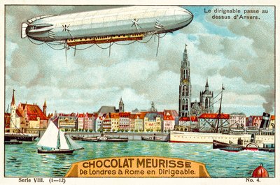 アントワープ上空を通過する飛行船（クロモリト 作： French School