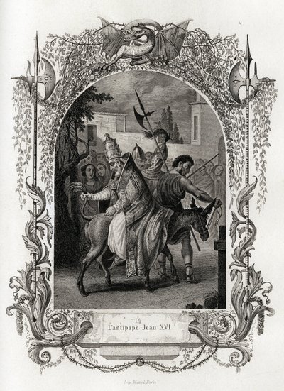 反教皇ヨハネ16世（997年から998年）。モーリス・ラシャトレ（1814-1900）の『教皇列伝』を彩る版画、パリのリブレリーデュプログレ。 作： French School