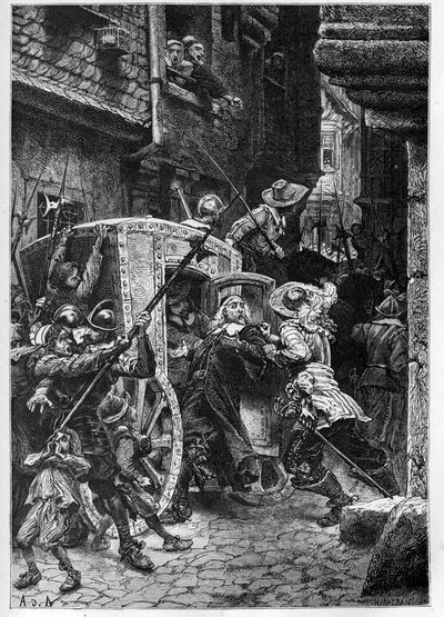 1648年、アンヌ・ドートリッシュ（1601-1666）の命令によりピエール・ブルッセル（1575-1654）が逮捕され、民衆の動揺（バリケードの時代）とフロンドを引き起こしたこと - パリ議会の評議員で「父」と呼ばれたピエール・ド・ブルッセルの逮捕 作： French School