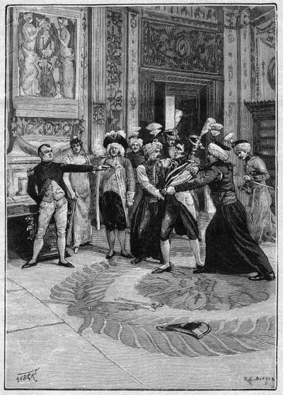 ナポレオン1世(1769-1821)の命令によるナイペルグ伯爵(1775-1829)の逮捕。ヴィクトリアン・サルドー（1831-1908）とエミール・モロー（1852-1922）による「サン・ジーン夫人」の挿絵。1895年11月21日の「La gazette du dimanche」に掲載されたエングレーヴィング。 作： French School