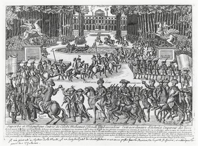 1721年、トルコのスルタン・アフメッド3世の大使メフメト・セレビ・エフェンディがルイ15世を迎えるためにチュイルリーに到着した時の様子（エングレーヴィング 作： French School
