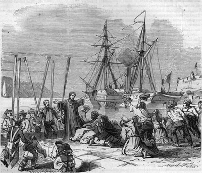 教皇ピウス9世（Pius IXまたはPio IX）の名前はジョヴァンニ・マリア・マスタイ・フェレッティ（1792-1878）で、テナーレ川沿いのチヴィタ・ヴェッキア（Civita Vecchia）に到着したときのこと。モーリック著「Histoire des Papes-Rois-Queen and Empereurs a travers les centuries」に掲載されたエングレーヴィング。 作： French School