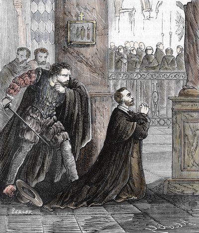 1485 年 9 月 17 日、スペインのサラゴサ大聖堂での異端審問官ペドロ デ アルブエス (1441 ～ 1485 年) の暗殺 (スペインの異端審問官ペドロ デ アルブエスの役人は、1485 年にサラゴサのラ セオ大聖堂で暗殺されました。 会話する 作： French School