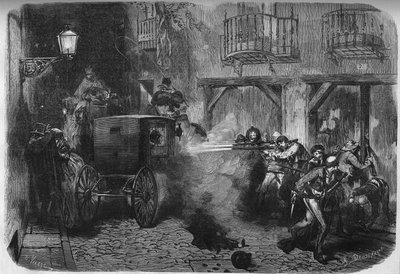 1870年12月28日、マドリードのデル・トルコ通りで、スペインの将軍であり政治家でもあったフアン・プリム・イ・プラッツ（1814-1870）がコルテスから退出する際に暗殺された事件。1871年2月25日付「Le Monde Illustré」724号に掲載されたエングレーヴィング。 作： French School