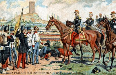 1859年、フランス・サルデーニャ軍（勝者）とオーストリア軍（敗者）の間で行われたソルフェリーノ（イタリア）の戦い。19世紀のカラーリトグラフ。 作： French School