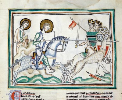7つの頭を持つドラゴンとの戦い：騎士たちは、7人の王を象徴する複数の頭を持つドラゴンと槍を持って戦います。13世紀のフランス派が盛り上げた「カンブレーの黙示録」から引用されたミニチュア。Ms.422。市立図書館 作： French School
