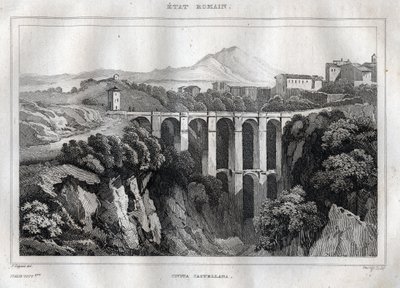 橋には二重のアーケードがある - CIVITA CASTELLANA - Province of Viterbo - Italy - M. de Norvins, Ch. Nodier 1834-1836による "Italy Picturesque" - History and Descriptive Painting of Italyからのエングレーヴィング。 作： French School