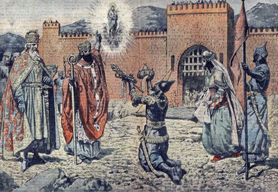 778年、シャルルマーニュにルルド城を包囲されたそば王子ミラット・ディ・ロルス 作： French School