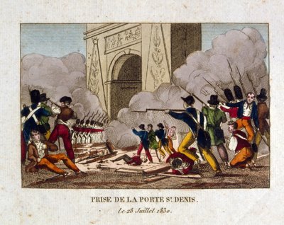 1830年のフランス革命におけるパリのサン・ドニ門の占領 作： French School