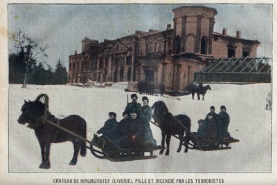 リヴォニアのリングムントフ城、ロシアのアナキズム革命家による略奪と火災。ロシア 作： French School