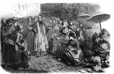 ローマで発生したコレラ。教皇グレゴワール16世（1765-1846）は、コレラの進行を止めるために、行列、ロゲーション、祝福を命じた。モーリス・ラシャトレ著「Histoire des Papes-Rois-Queen and Empereurs a travers les centuries」に掲載されている図版 作： French School