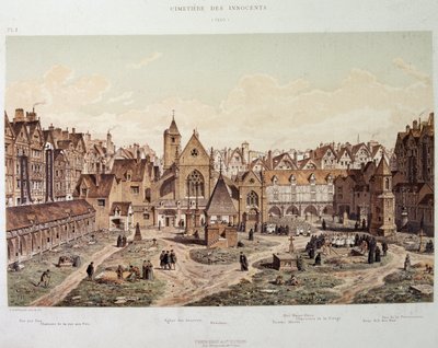 1550年のイノセントの教会と墓地 - 19世紀後半の「Paris a travers les ages」にて。 作： French School