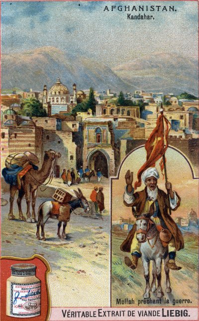 ムラーが戦争を説くアフガニスタンのカンダハールの街。19世紀の広告用クロモリトグラフ。 作： French School