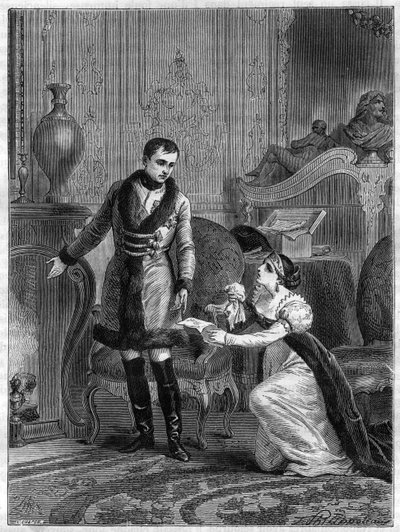 1806年10月28日、反逆罪に問われた夫のハッツフェルト王子の赦免を求めに来たハッツフェルト王女に対する皇帝ナポレオン1世（1769-1821）の寛大さ-。 作： French School