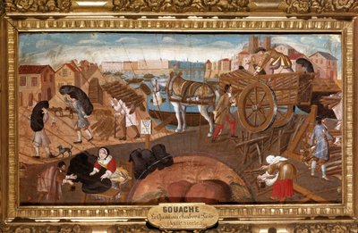 パリの石炭ドック パリの街角での石炭取引の風景。17世紀のフランス派の無名の扇面画。ランス、サン・ドニ美術館（Musee Saint Denis 作： French School