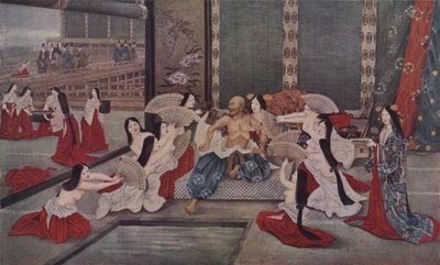 平清盛の妾たちが、平清盛のプライドに火をつけられた絶え間ない炎を鎮めようと、冷たい風呂に入ったり、水で濡らした扇子で扇いだりして、平清盛を冷やそうとする（カラーリトグラフ）。 作： French School