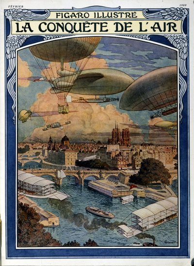 空の征服：パリ上空の飛行船、気球、熱気球 - 1909年2月のフィガロ紙表紙 作： French School