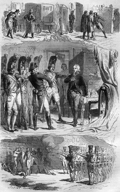 クロード・フランソワ・ド・マレ（Claude-Francois Malet）（1754-1812）帝国軍の将軍で、1812年にナポレオンに対するクーデターを起こした人物の、ロシア撤退中の陰謀図。Histoire des Papes-Rois-Queen and Empereurs a travers les centuries」に掲載されたエングレーヴィング。 作： French School