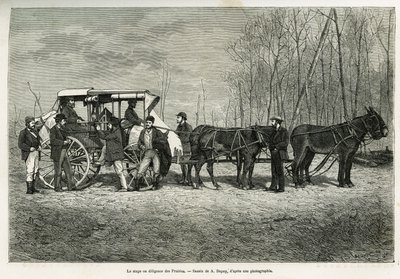 1873年にH.ドゥ・ラモットが行ったカナダと北部レッド・リバーへの小旅行の物語を説明するために、A.デュピュイが描いた「大草原の馬のコースまたは勤勉さ」。Le tour du monde」に掲載された版画 作： French School