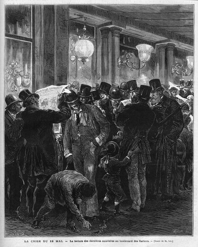 1877年5月16日の危機：パリのイタリア人街の大通りで最新ニュースを読むこのフランスの政治危機は、マック・マホン(Mac-Mahon)の手紙が、最終的に解決する評議会議長ジュール・シモン(Jules Simon)の態度を批判したことによる。 作： French School
