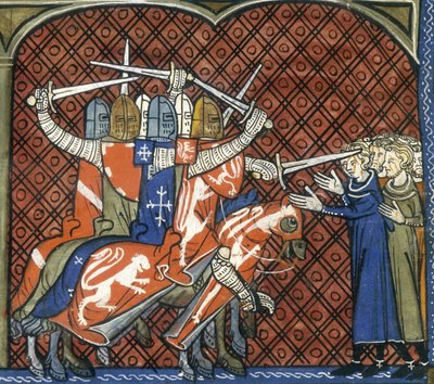 The crusade against the Albigenses, c1325-c1350. Soldiers on horseback wielding swords attack a group of Albigenses. Pope Innocent III preached a holy war against the Albigensian Christians, as he feared the spread of their beliefs. In 1209 he ordered the  作： French School