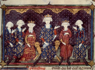 呪われた王たち美貌のフィリップ4世（1268 - 1314）は、娘のイザベラ（イングランド女王）と3人の息子ルイ（ルイ10世）、シャルル（シャルル4世）、フィリップ（フィリップ5世）、そして弟のシャルル・ド・ヴァロワを囲んでいた - 「La」のミニチュア。 作： French School